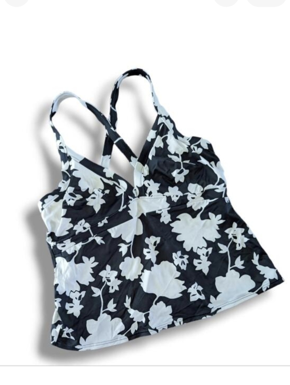 Lands' End Tankini Top Swimsuit Swim 14 B Cup Underwire Black White Floral